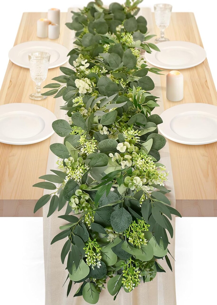 6Ft Eucalyptus Garland, Upgrade Bushy Artificial lvy Greenery Vines with Flower Gypsophila Willow Leaves for Home Wedding Party Table Runner Centerpiece Decor